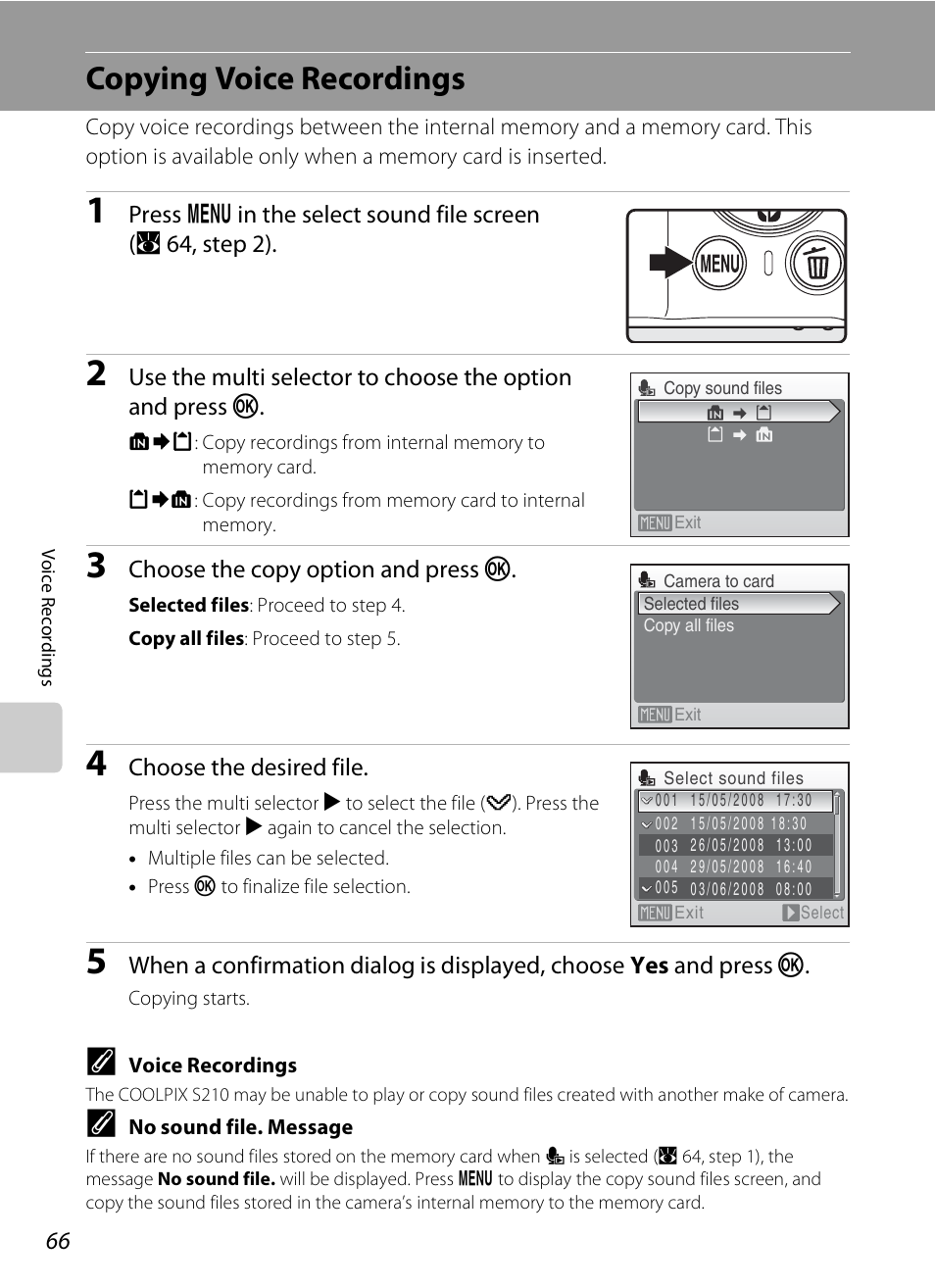 Copying voice recordings | Nikon Coolpix S210 User Manual | Page 78 / 148