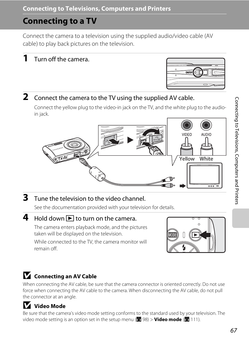 Connecting to televisions, computers and printers, Connecting to a tv | Nikon Coolpix S210 User Manual | Page 79 / 148
