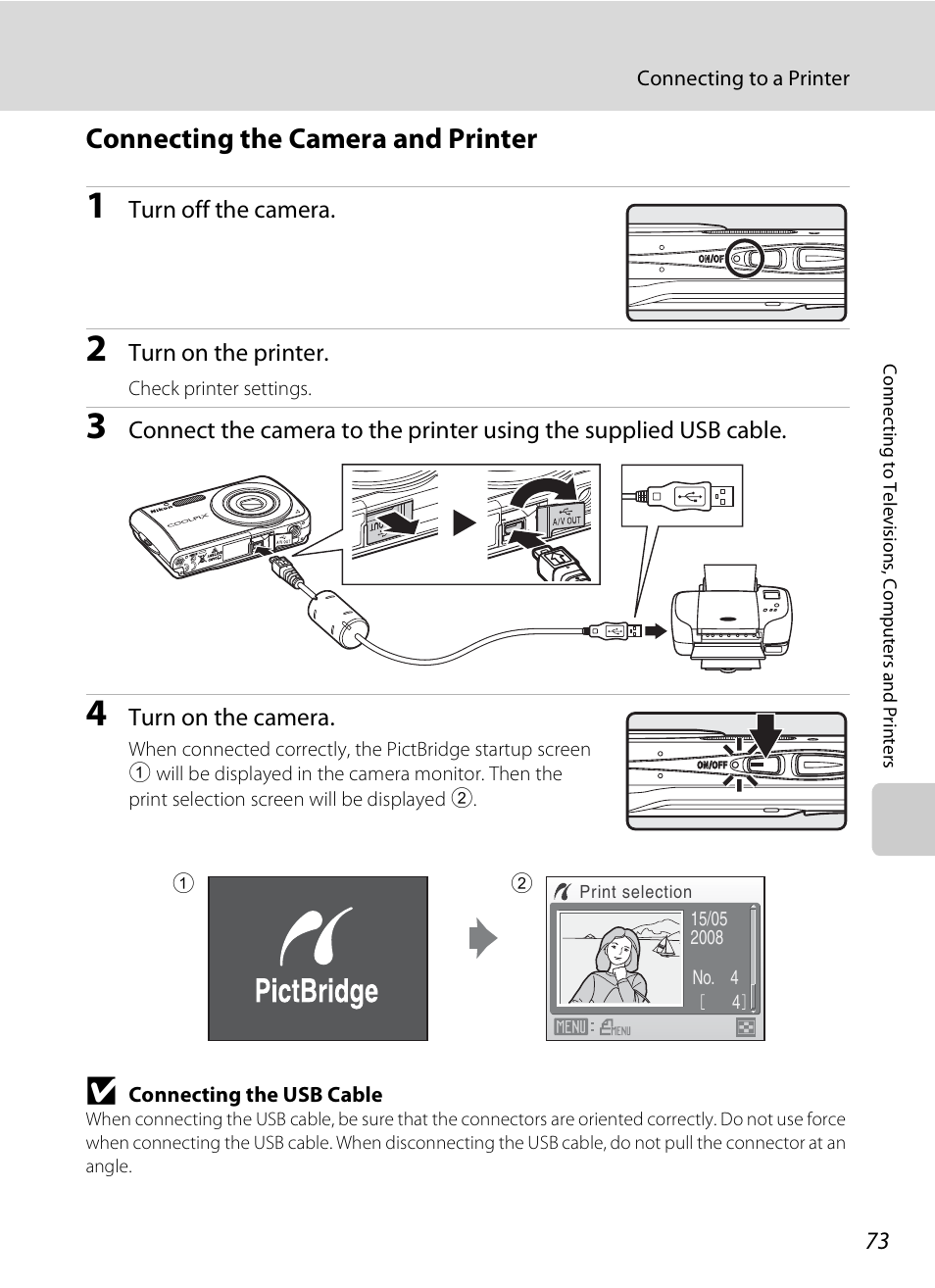 Connecting the camera and printer, A 73) | Nikon Coolpix S210 User Manual | Page 85 / 148