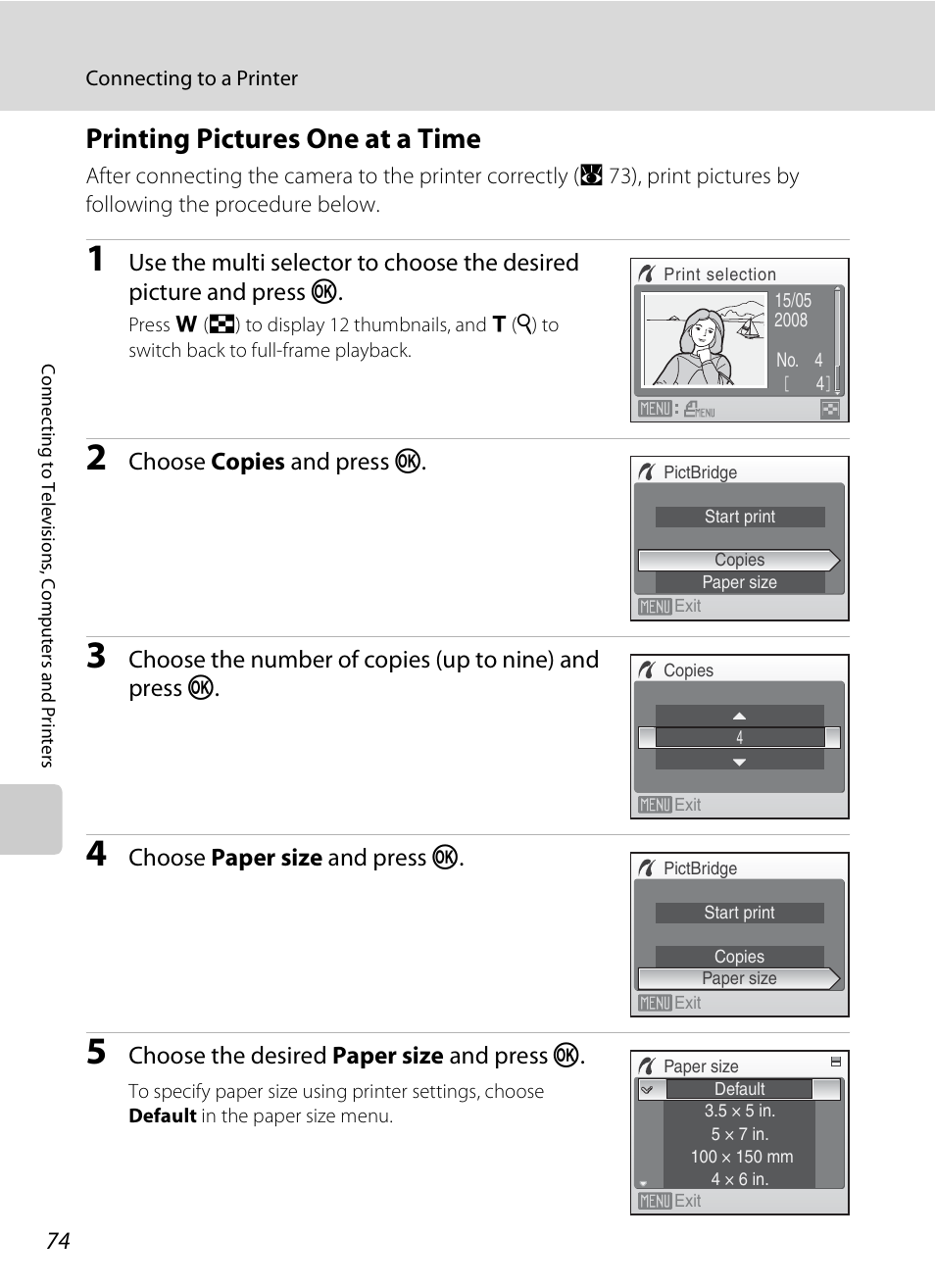 Printing pictures one at a time, A 74) | Nikon Coolpix S210 User Manual | Page 86 / 148