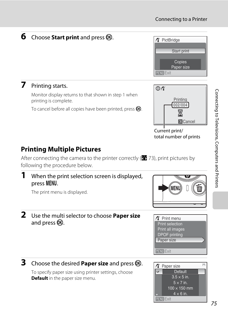 Printing multiple pictures, A 75) | Nikon Coolpix S210 User Manual | Page 87 / 148