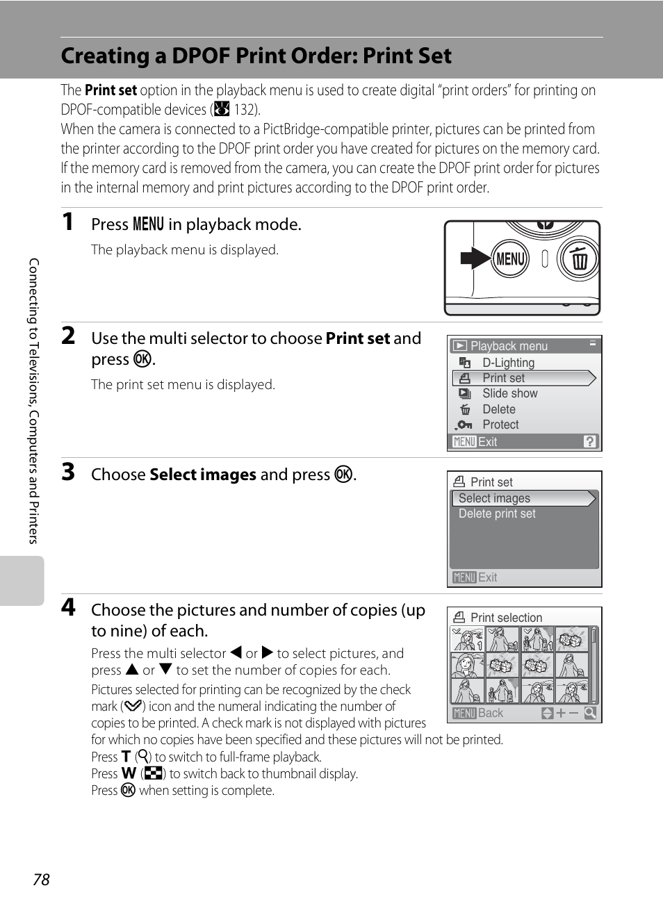 Creating a dpof print order: print set, A 78) a, A 78) an | A 78, A 78) | Nikon Coolpix S210 User Manual | Page 90 / 148