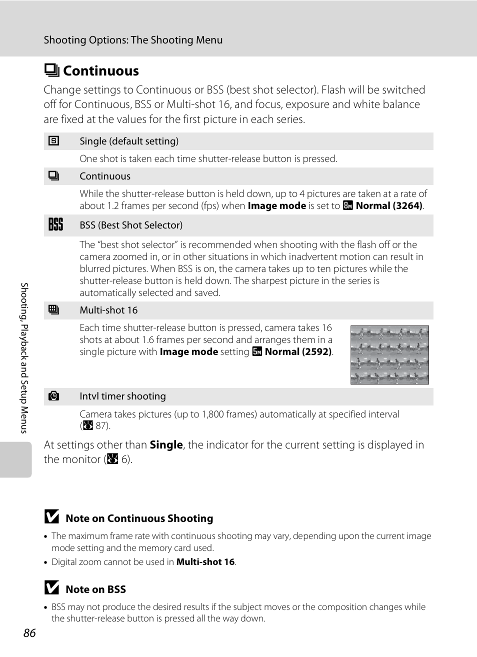 Continuous, C continuous, A 86 | A 86) | Nikon Coolpix S210 User Manual | Page 98 / 148