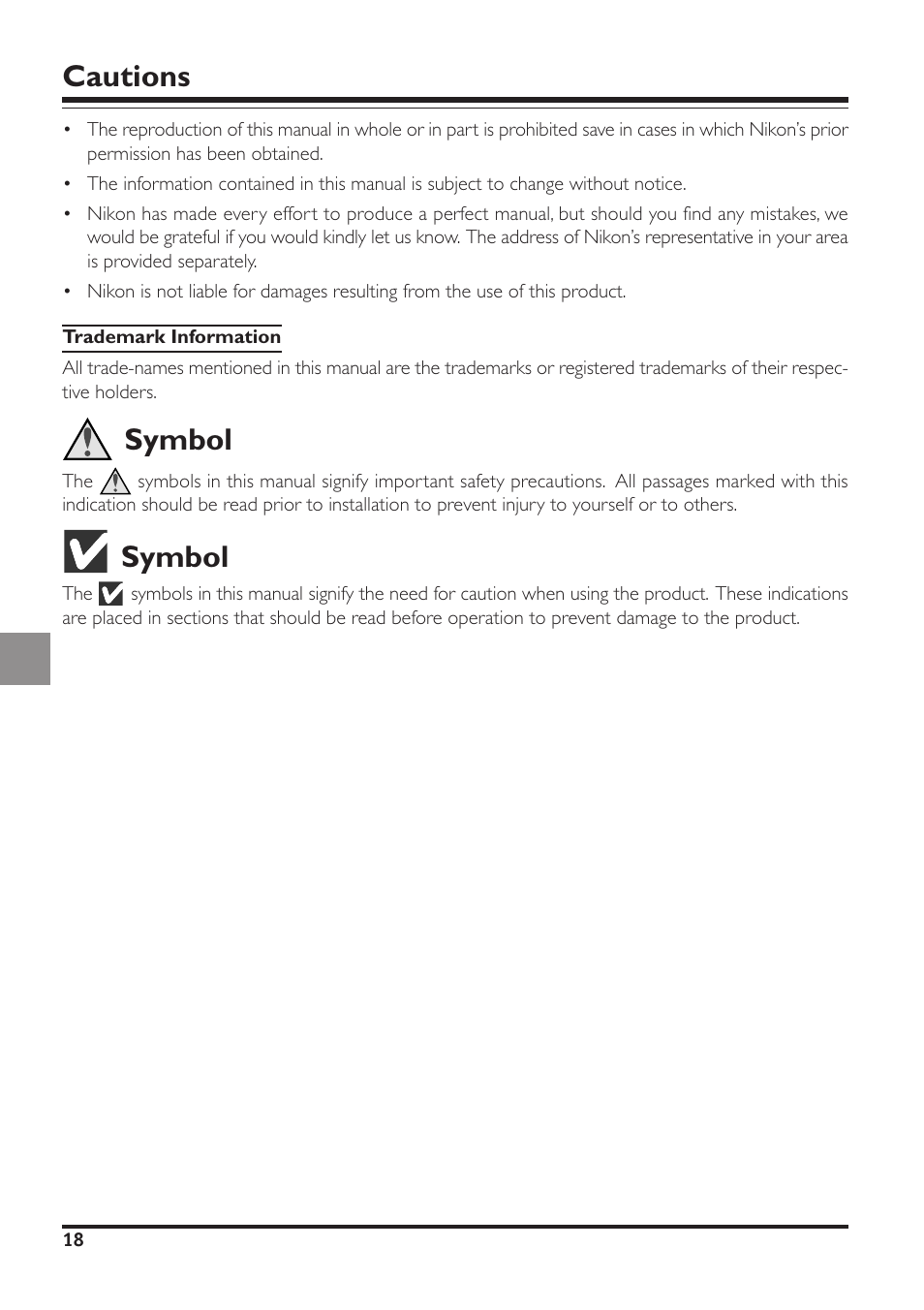 Cautions, Symbol | Nikon SF-200 User Manual | Page 2 / 16