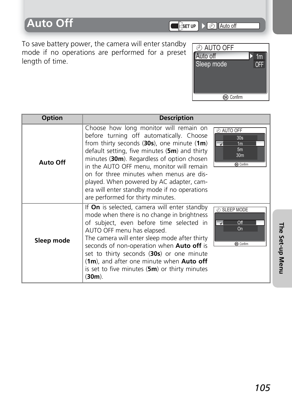 Auto off, Auto off sleep mode auto off auto off, Off 1m | Nikon COOLPIX 7600 User Manual | Page 115 / 140