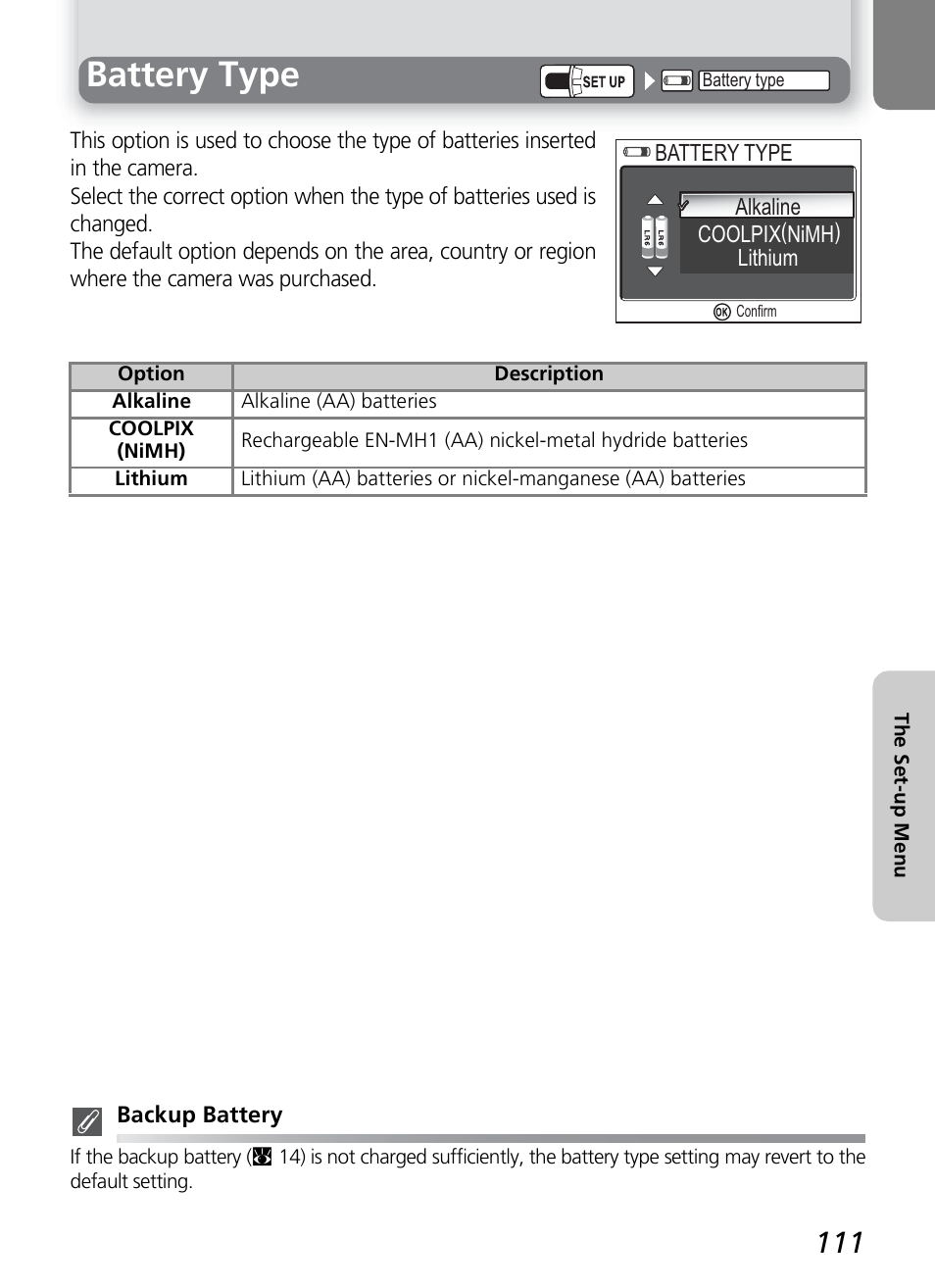 Battery type | Nikon COOLPIX 7600 User Manual | Page 121 / 140