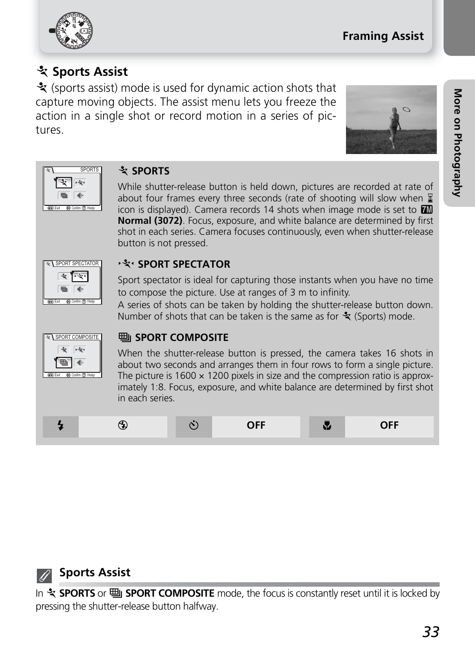 J sports assist, Framing assist, Mo re on p hot ogra phy | Sport spectator, Sport composite, Y off & off | Nikon COOLPIX 7600 User Manual | Page 43 / 140