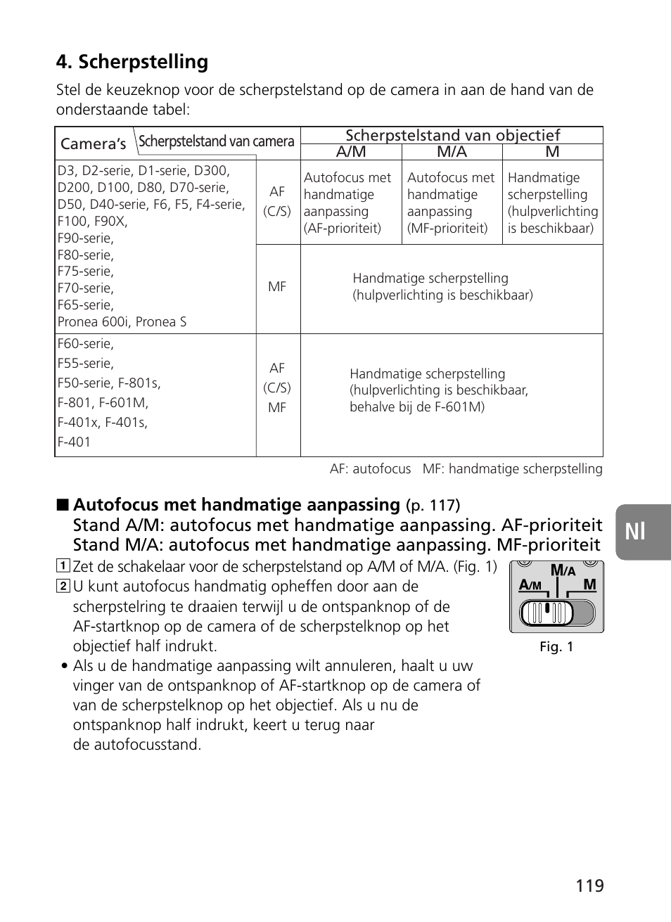 Scherpstelling, Autofocus met handmatige aanpassing | Nikon AF-S User Manual | Page 119 / 196