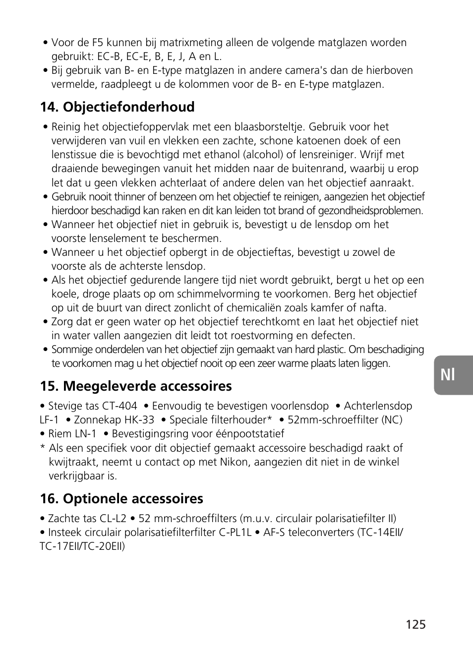 Objectiefonderhoud, Meegeleverde accessoires, Optionele accessoires | Nikon AF-S User Manual | Page 125 / 196