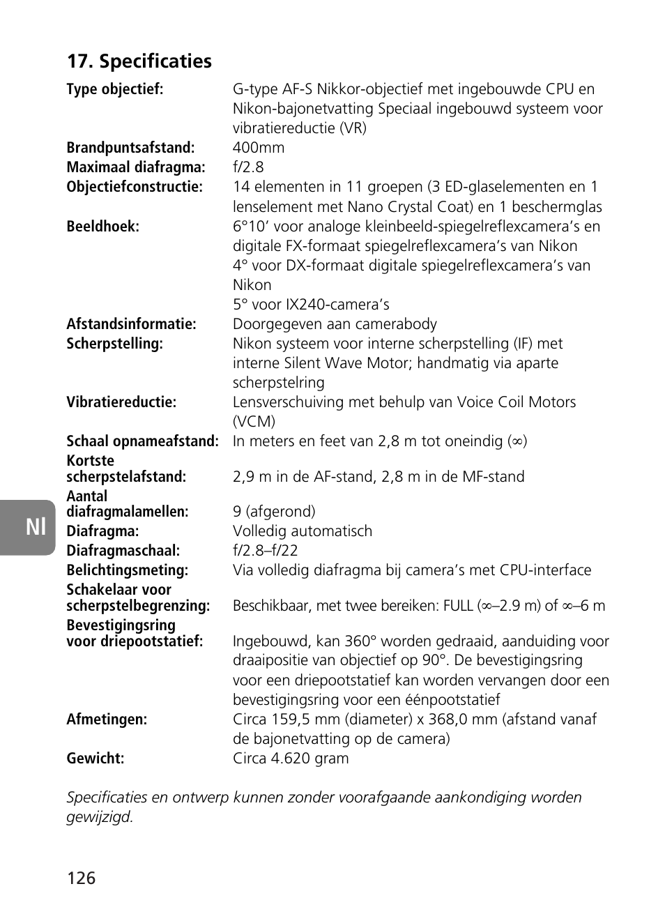 Specificaties | Nikon AF-S User Manual | Page 126 / 196