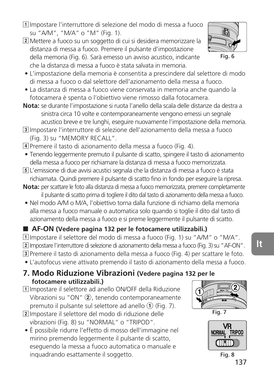 Modo riduzione vibrazioni | Nikon AF-S User Manual | Page 137 / 196
