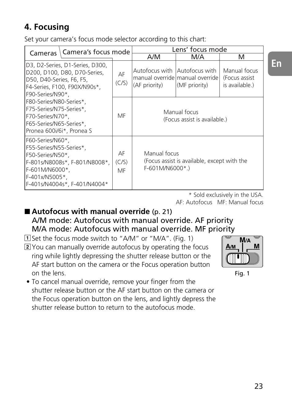 Focusing, Autofocus with manual override | Nikon AF-S User Manual | Page 23 / 196