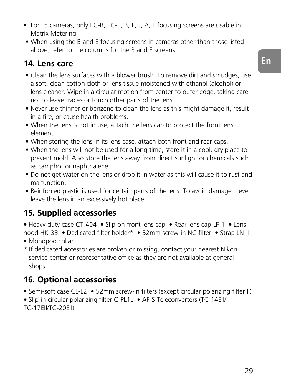 Lens care, Supplied accessories, Optional accessories | Nikon AF-S User Manual | Page 29 / 196