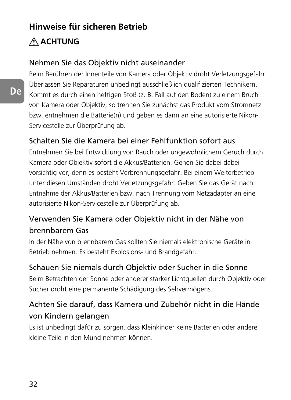 Hinweise für sicheren betrieb | Nikon AF-S User Manual | Page 32 / 196