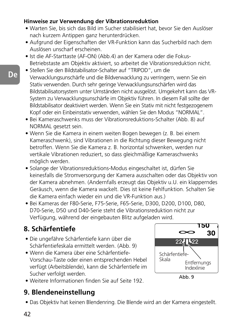 Schärfentiefe, Blendeneinstellung | Nikon AF-S User Manual | Page 42 / 196