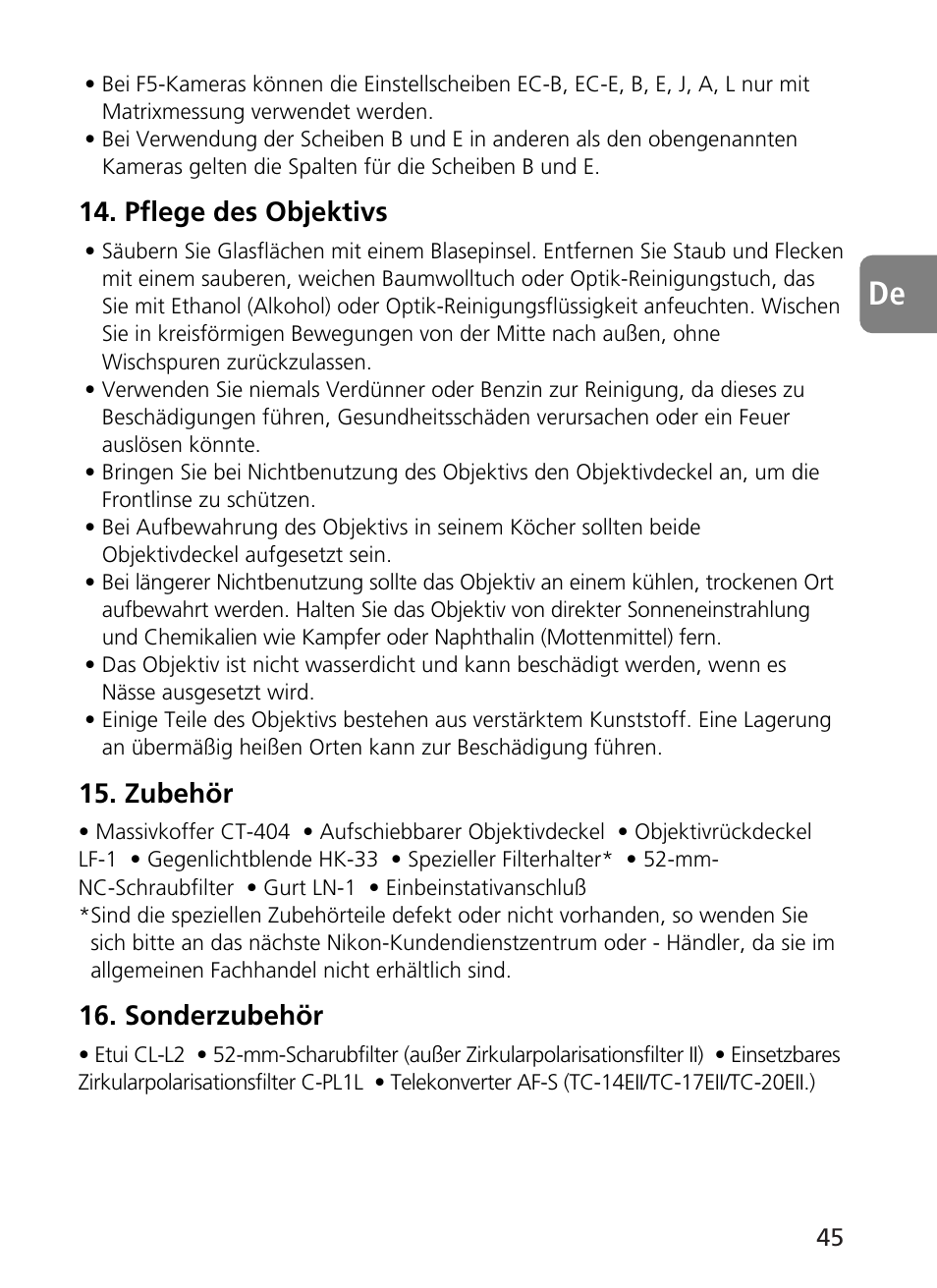 Pflege des objektivs, Zubehör, Sonderzubehör | Nikon AF-S User Manual | Page 45 / 196