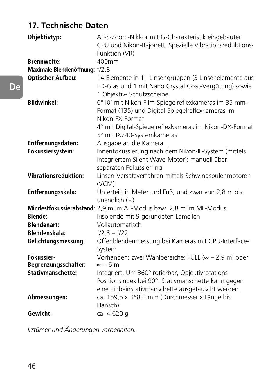 Technische daten | Nikon AF-S User Manual | Page 46 / 196