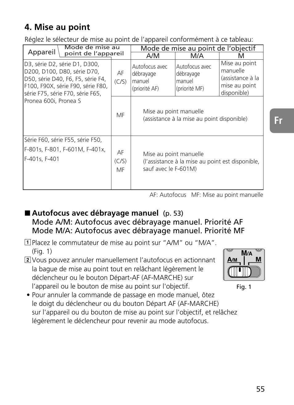 Mise au point, Autofocus avec débrayage manuel | Nikon AF-S User Manual | Page 55 / 196