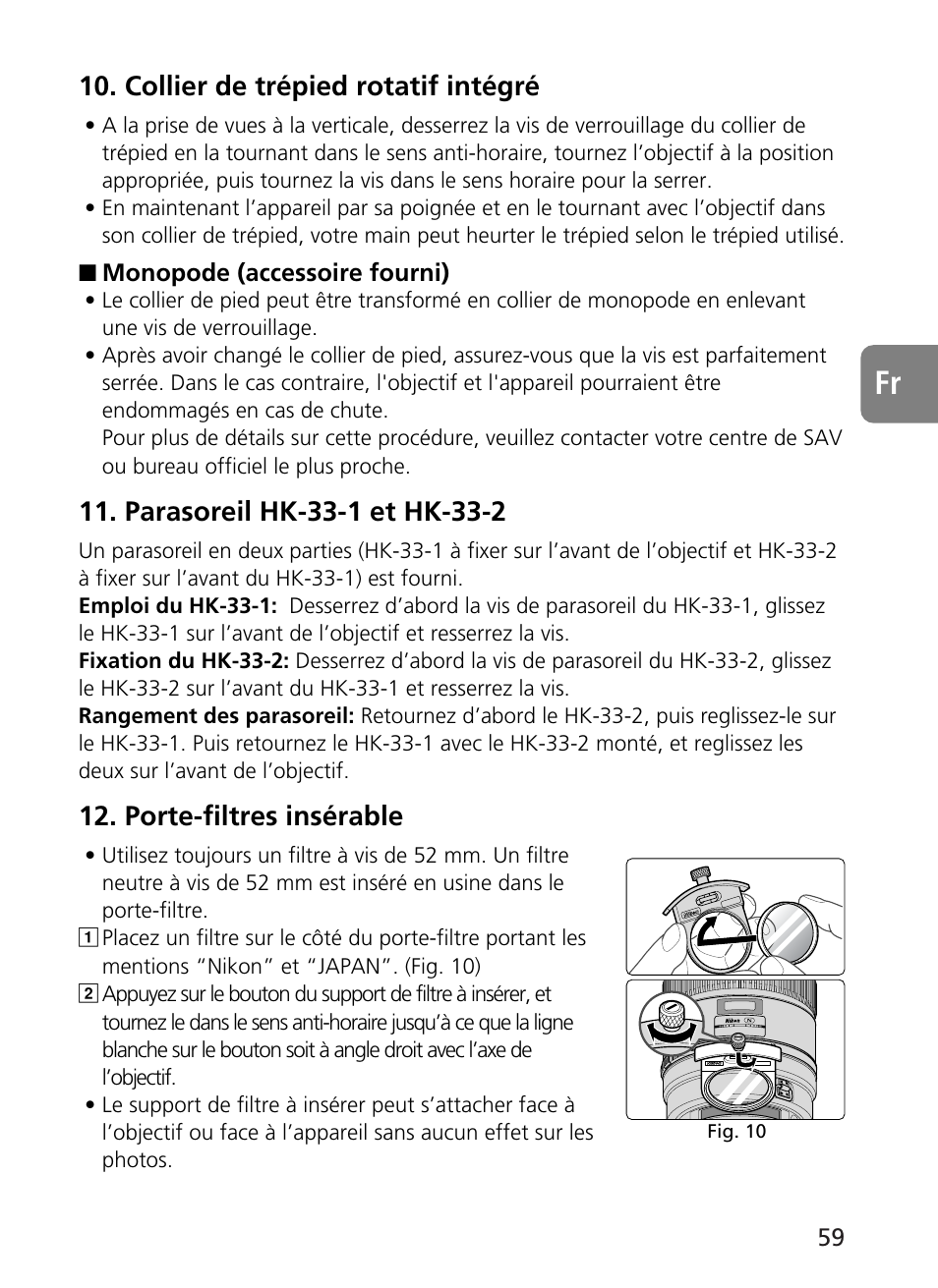 Collier de trépied rotatif intégré, Porte-filtres insérable | Nikon AF-S User Manual | Page 59 / 196