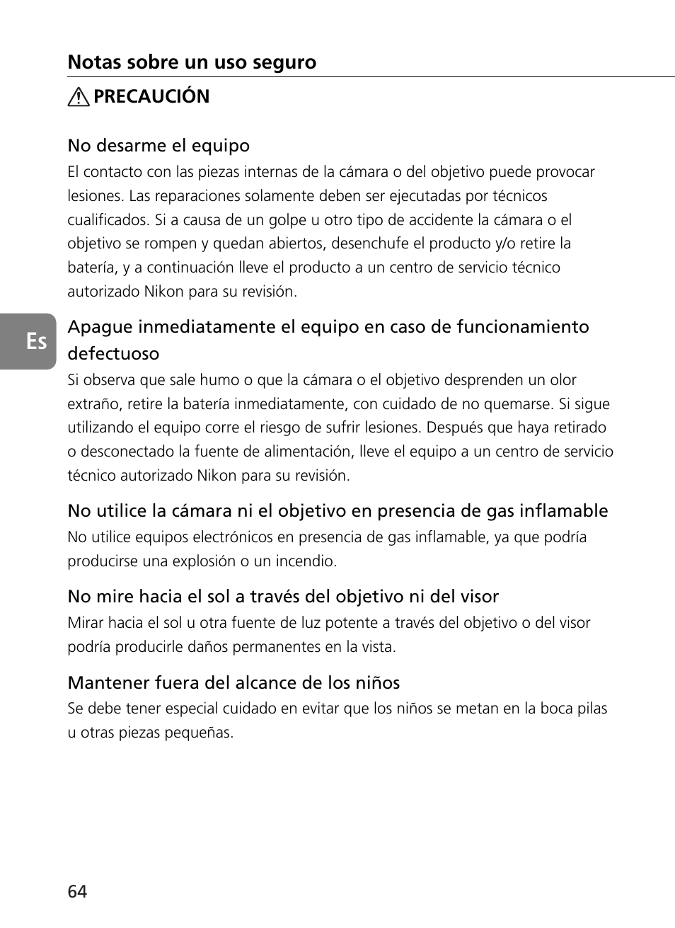 Notas sobre un uso seguro | Nikon AF-S User Manual | Page 64 / 196