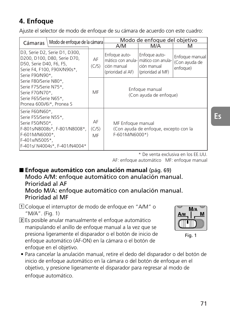 Enfoque, Enfoque automático con anulación manual | Nikon AF-S User Manual | Page 71 / 196