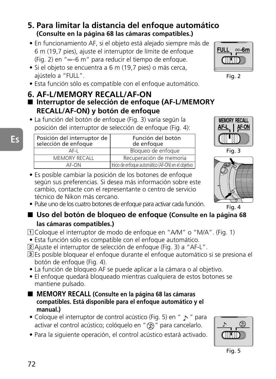 Para limitar la distancia del enfoque automático | Nikon AF-S User Manual | Page 72 / 196