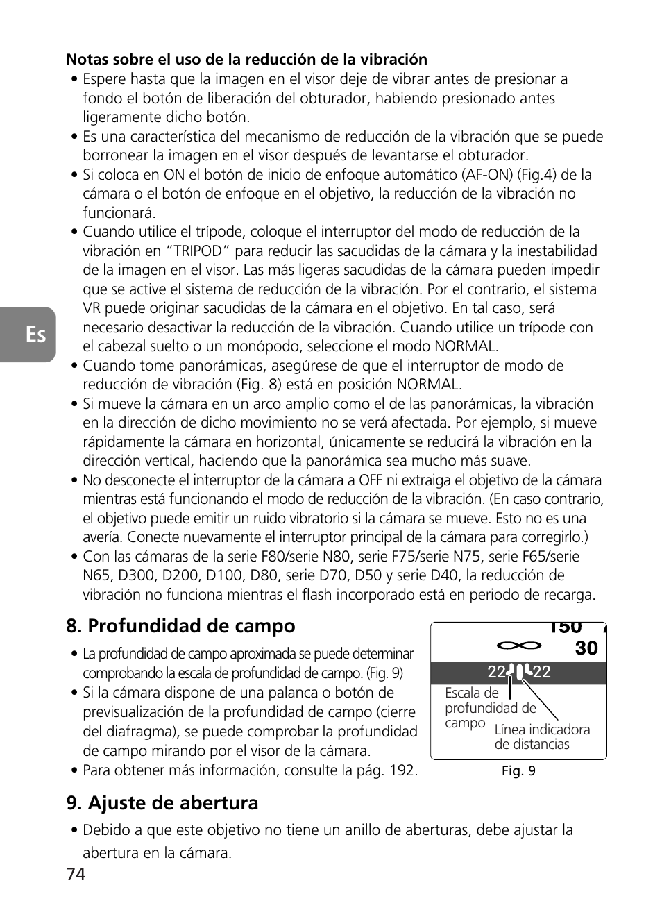 Profundidad de campo, Ajuste de abertura | Nikon AF-S User Manual | Page 74 / 196