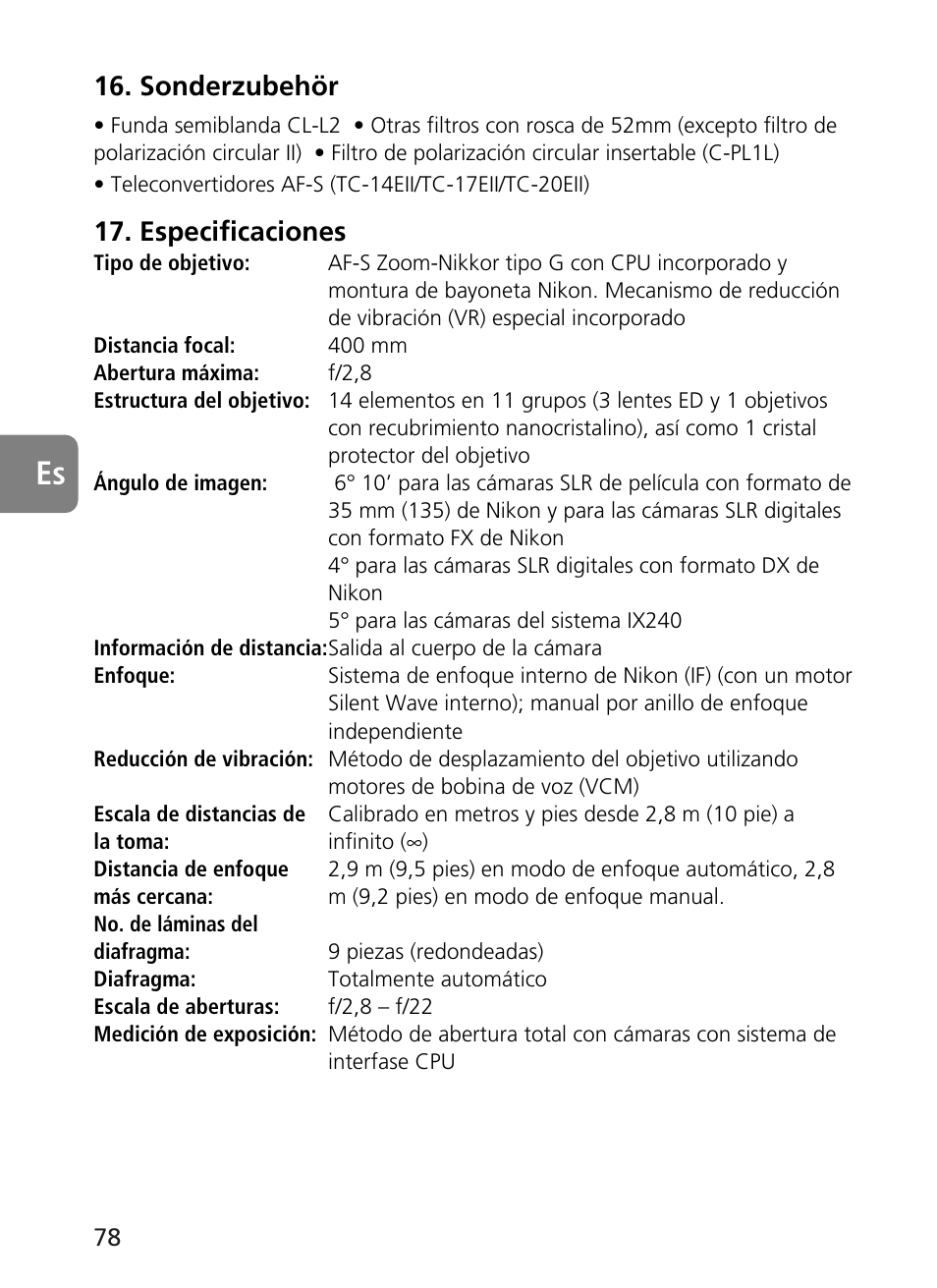 Sonderzubehör, Especificaciones | Nikon AF-S User Manual | Page 78 / 196