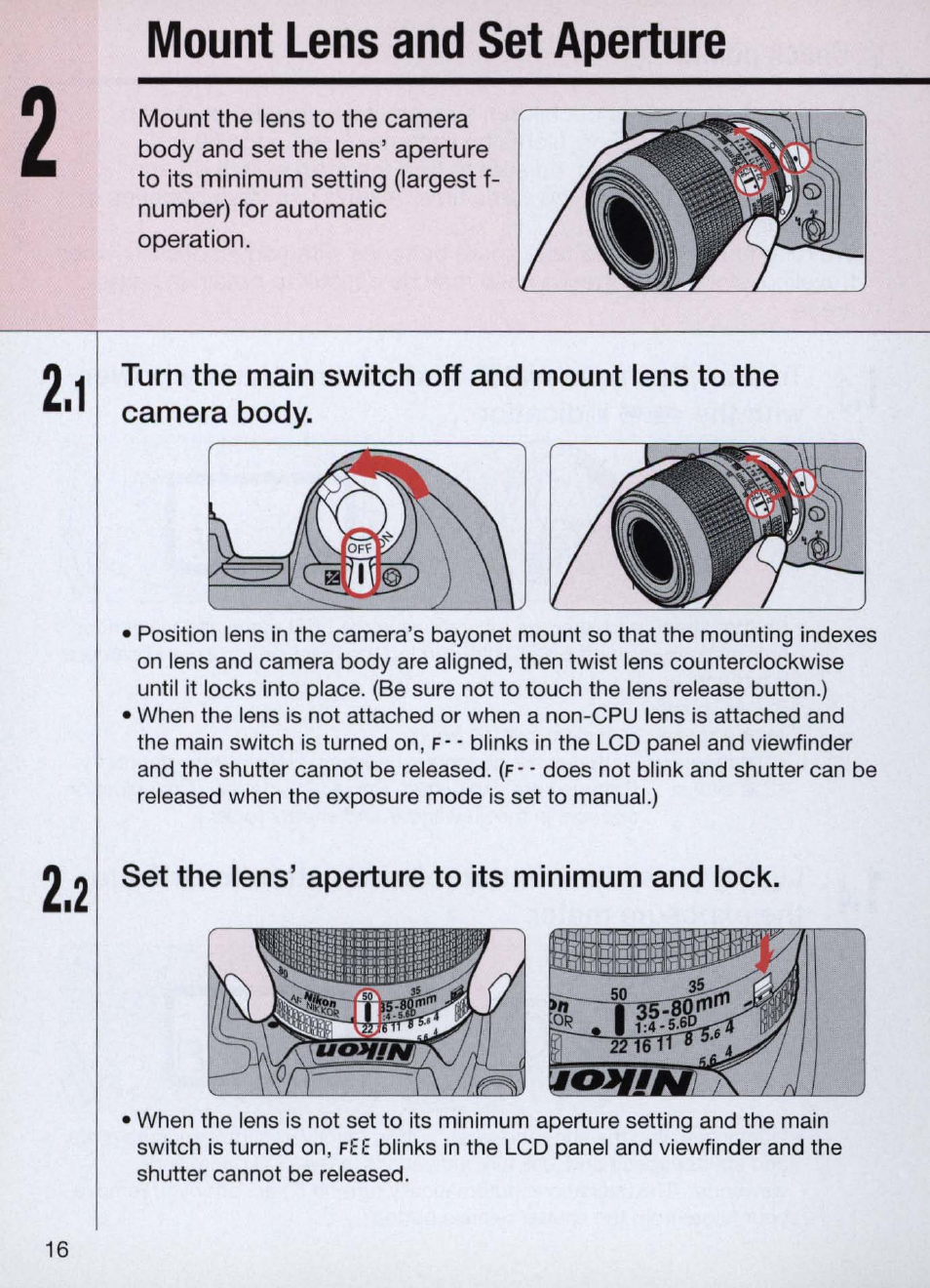 Mount lens and set aperture, Set the lens’ aperture to its minimum and lock, Mount lens and set aperture -17 | Nikon Camera N60 User Manual | Page 16 / 82