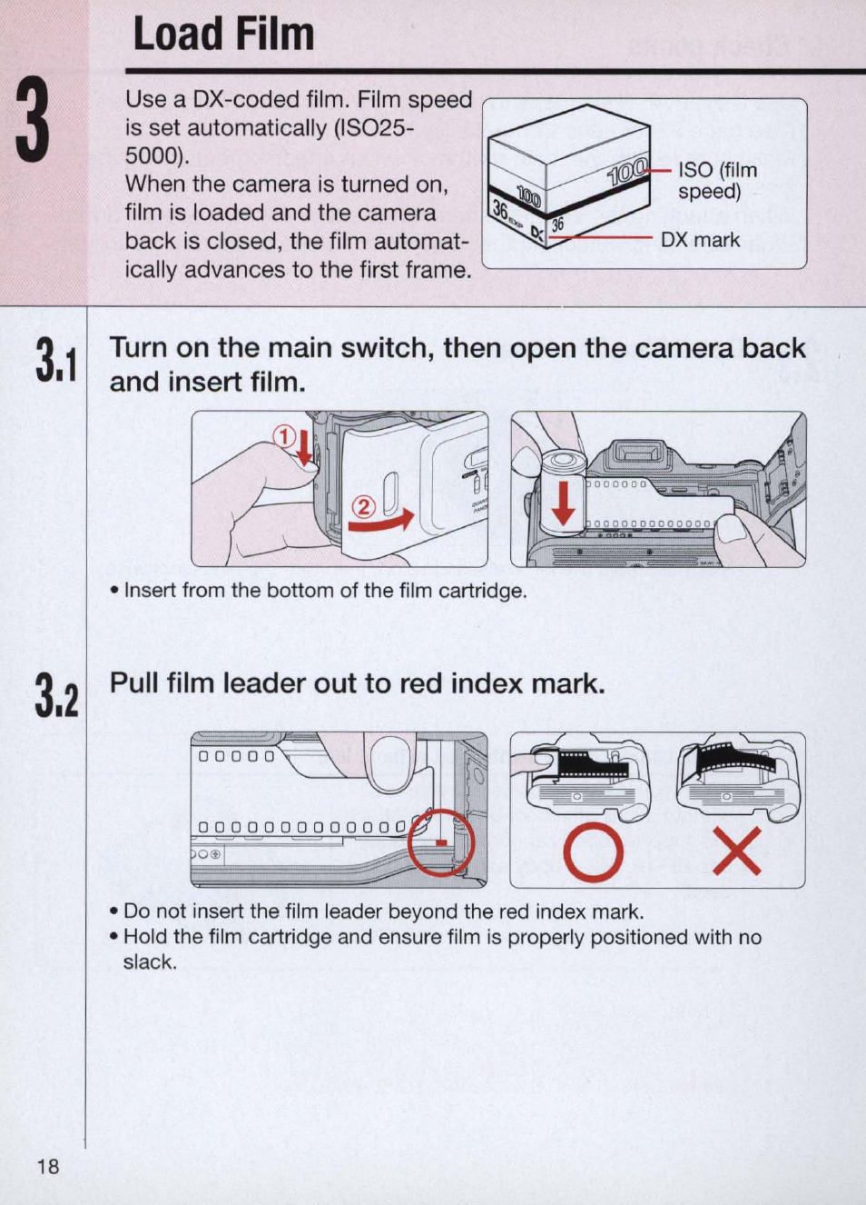 Load film, Pull film leader out to red index mark, Load film -19 | Nikon Camera N60 User Manual | Page 18 / 82