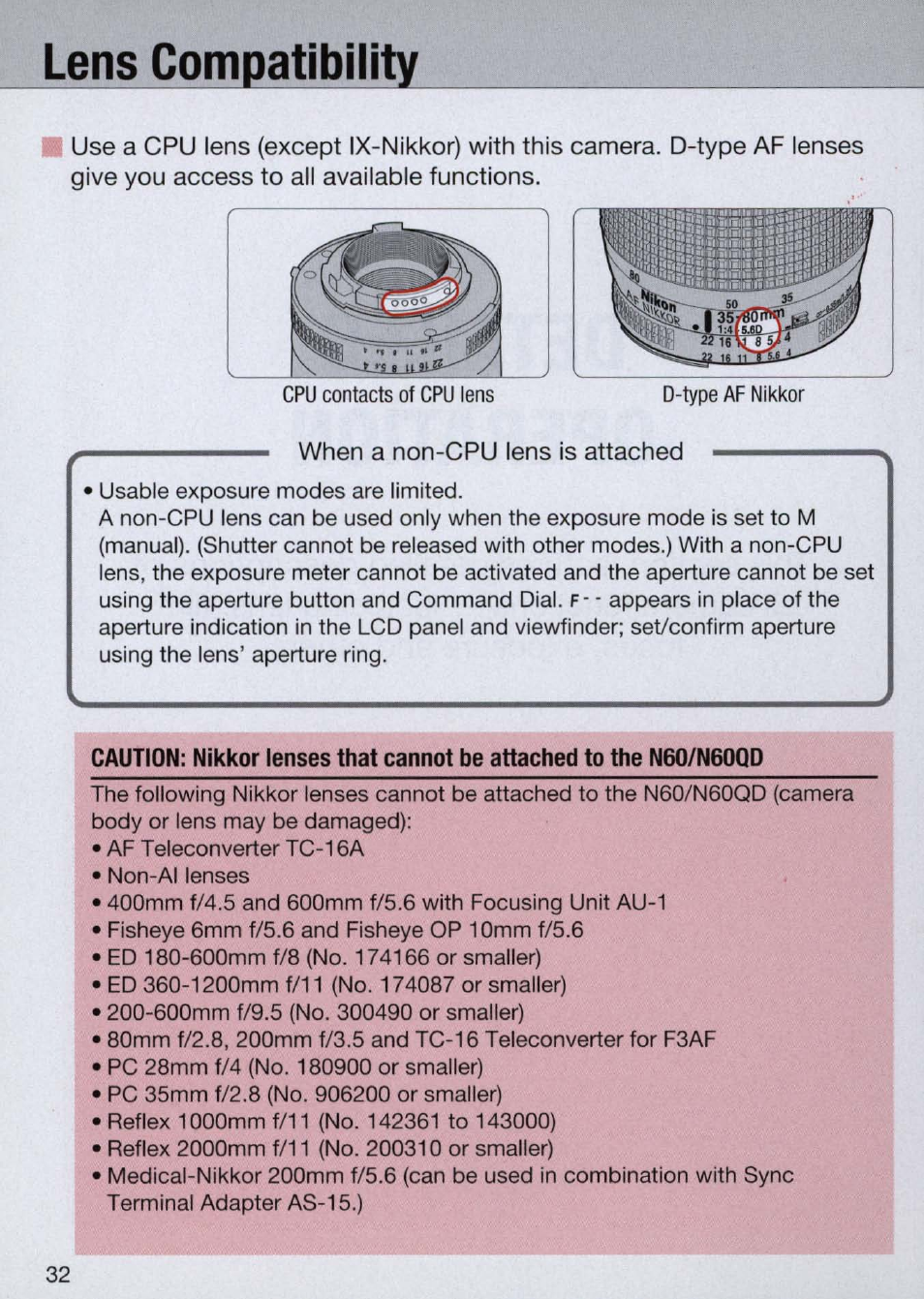 Lens compatibility, Lens compatibility -33 | Nikon Camera N60 User Manual | Page 32 / 82