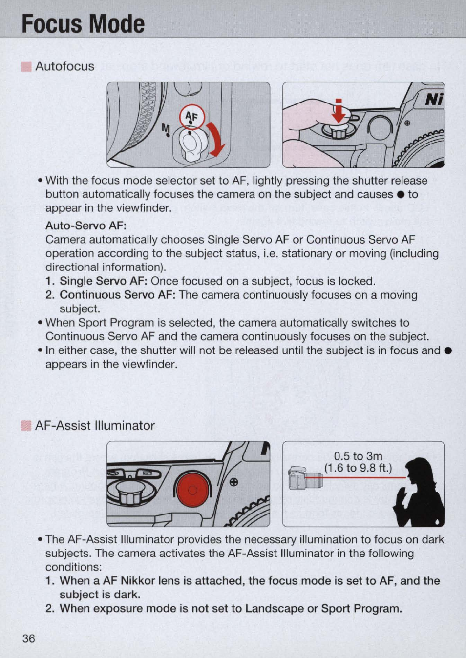 Focus mode, Autofocus, Af-assist illuminator | Focus mode -37 | Nikon Camera N60 User Manual | Page 36 / 82