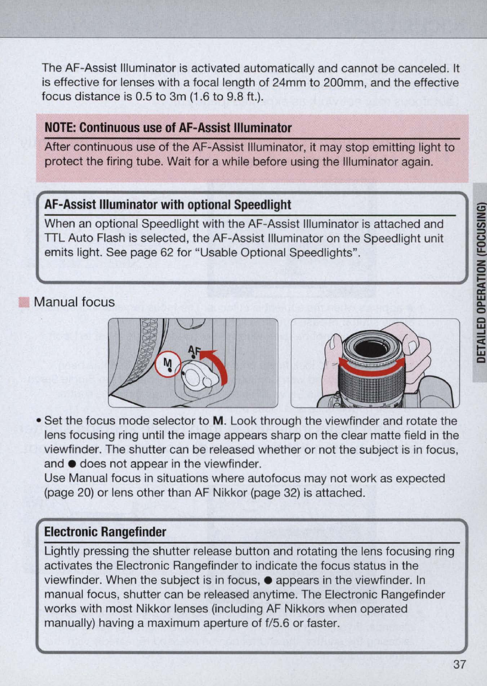 Note; continuous use of af-assist liluminator, Af-assist illuminator with optional speedlight, I manual focus | Electronic rangefinder | Nikon Camera N60 User Manual | Page 37 / 82