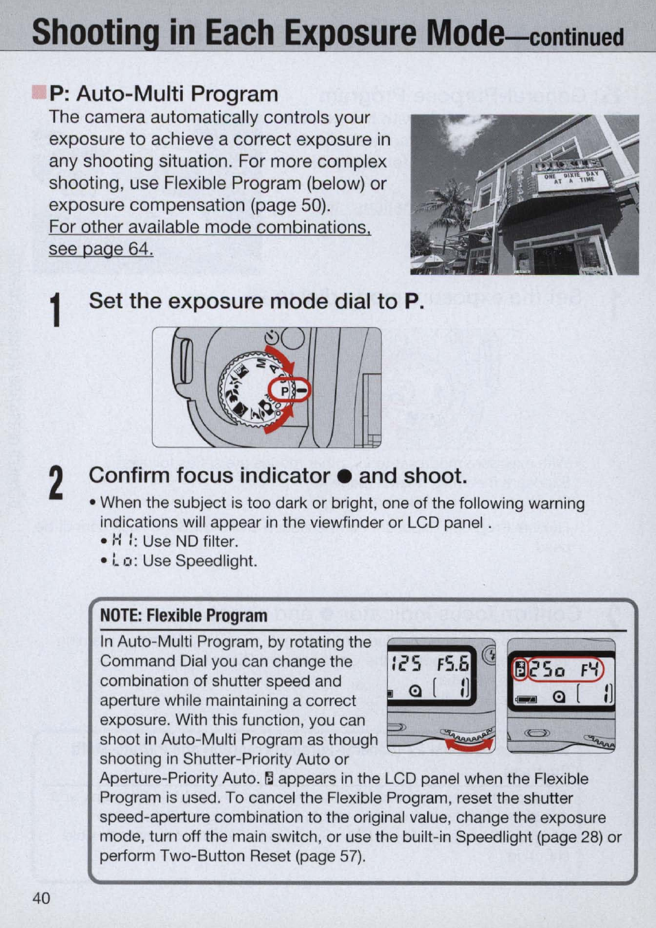 Ip: auto-multi program, Set the exposure mode dial to p, Confirm focus indicator • and shoot | Note; flexible program, Shooting in each exposure mode-contmued | Nikon Camera N60 User Manual | Page 40 / 82