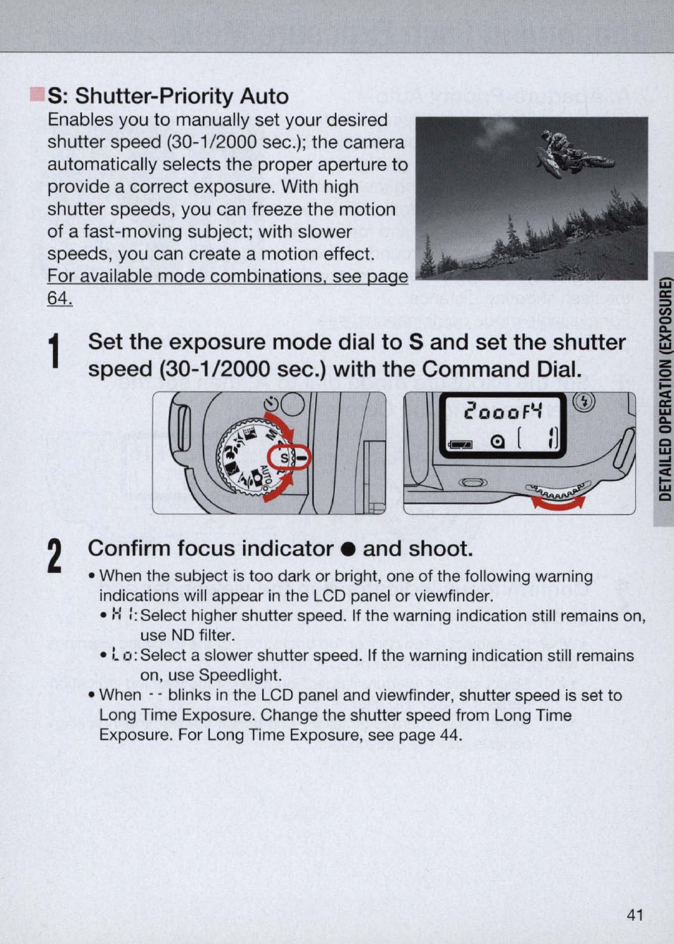 S: shutter-priority auto, Confirm focus indicator • and shoot | Nikon Camera N60 User Manual | Page 41 / 82