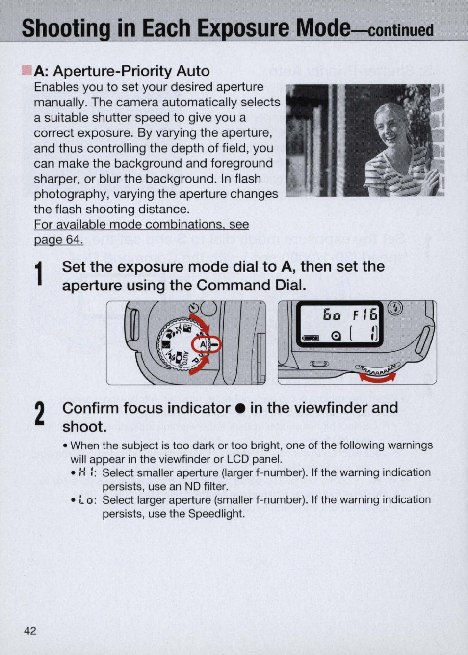 I a: aperture-priority auto, Shooting in each exposure mode | Nikon Camera N60 User Manual | Page 42 / 82