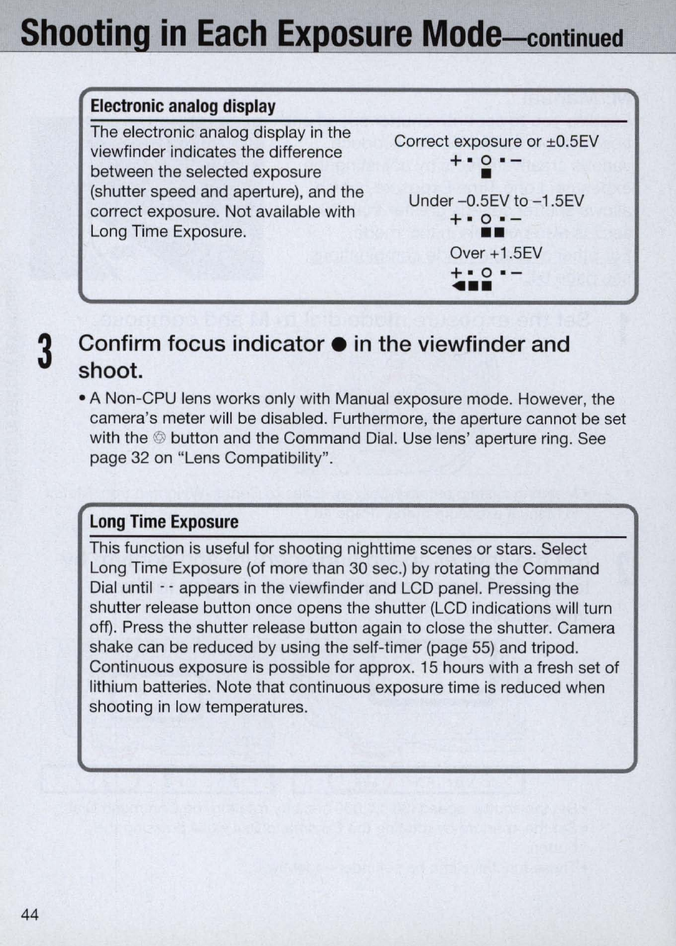 Electronic analog display, Long time exposure, Shooting in each exposure | Nikon Camera N60 User Manual | Page 44 / 82