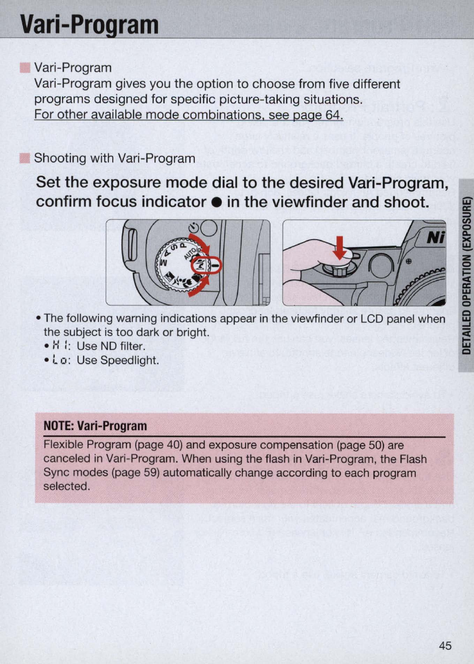Vari-program, I vari-program, For other available mode combinations, see oaoe 64 | B shooting with vari-program, Note: vari-program, Vari-program -47 | Nikon Camera N60 User Manual | Page 45 / 82