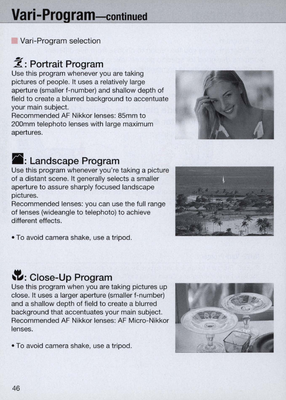 Vari-program—continued, Vari-program selection, Portrait program | Wk: landscape program, Close-up program, Landscape program | Nikon Camera N60 User Manual | Page 46 / 82