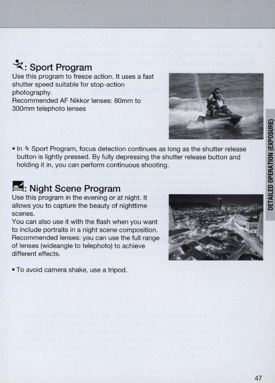 Sport program, Night scene program | Nikon Camera N60 User Manual | Page 47 / 82