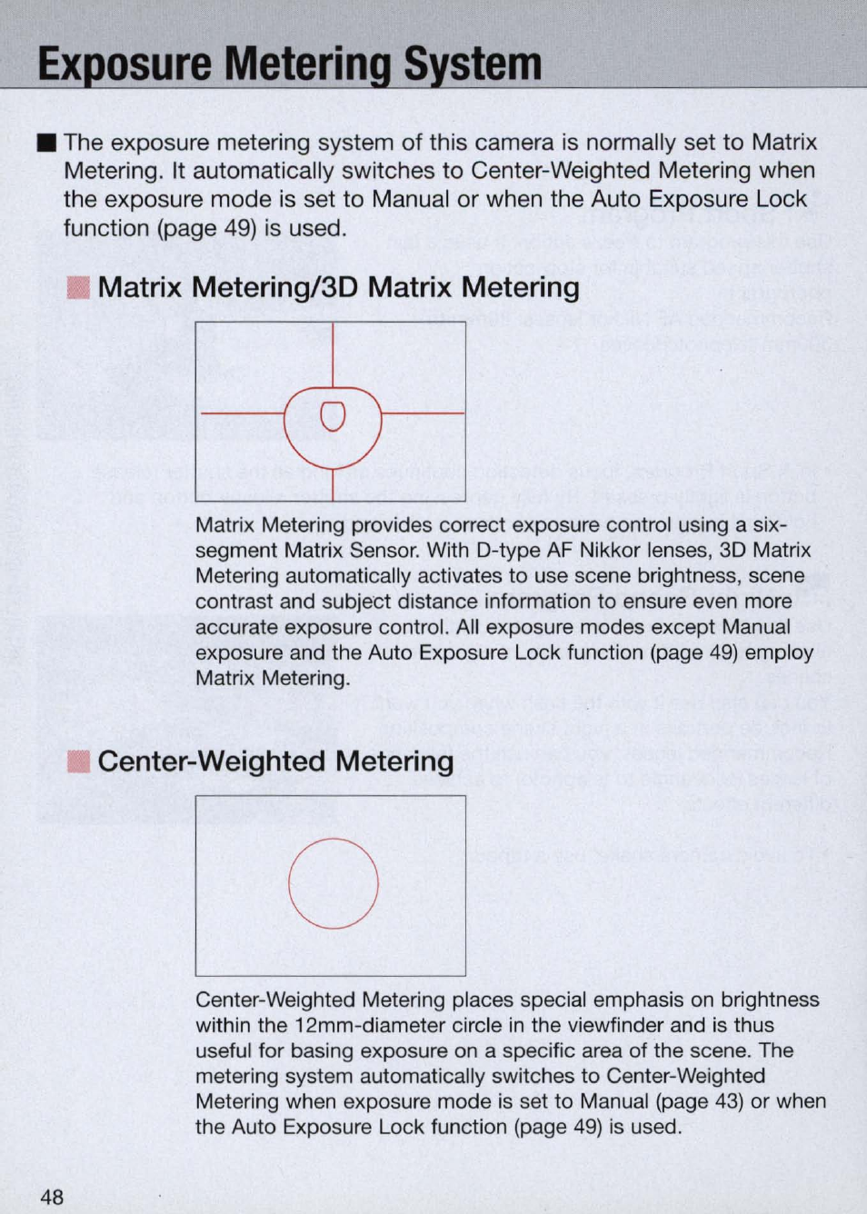 Exposure metering system, Matrix metering/3d matrix metering, I center-weighted metering | Nikon Camera N60 User Manual | Page 48 / 82