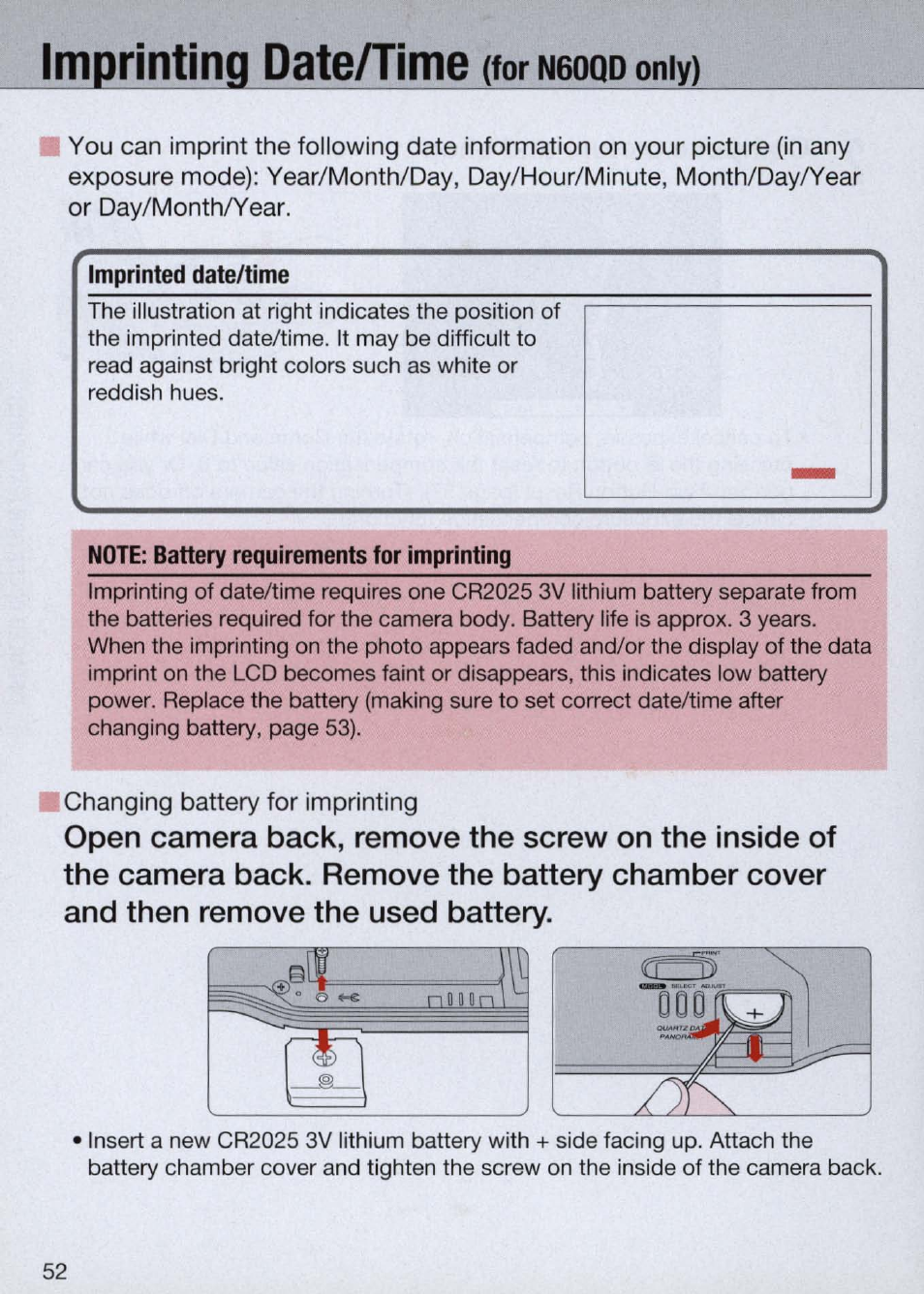 Imprinting date/time (for nboqd only), Imprinted date/time, Note: battery requirements for imprinting | I changing battery for imprinting, Imprinting date/time (for n60qd only) -54, Only), Imprinting date/time, Nboqd | Nikon Camera N60 User Manual | Page 52 / 82