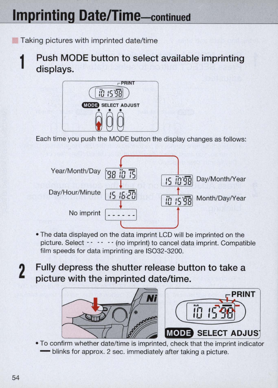Taking pictures with imprinted date/time, Print, Select adjus | Imprinting date/time-continued | Nikon Camera N60 User Manual | Page 54 / 82