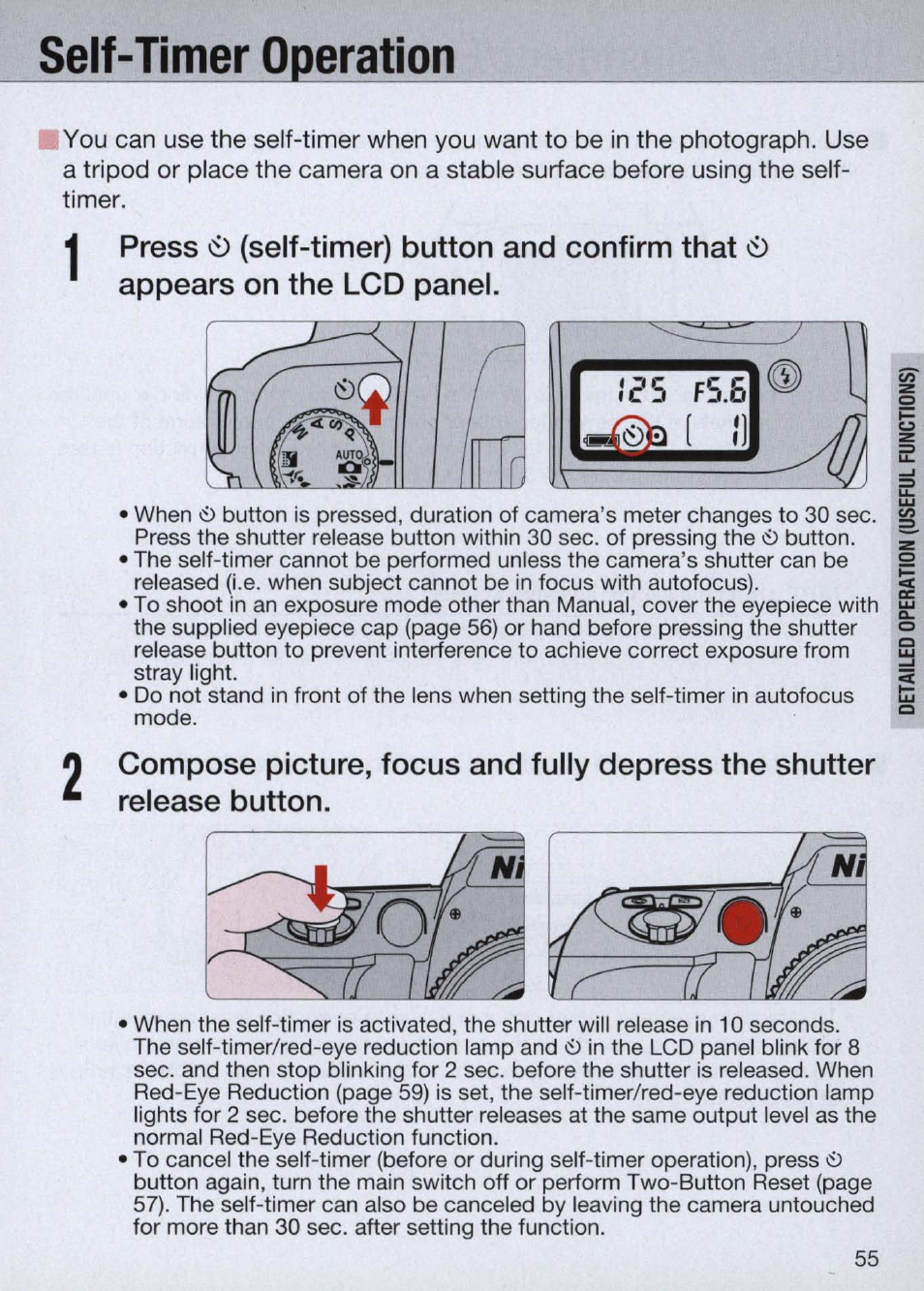 Self-timer operation | Nikon Camera N60 User Manual | Page 55 / 82