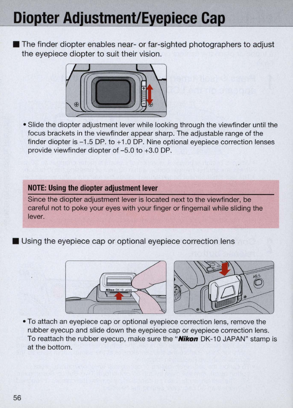 Note: using the diopter adjustment lever, Diopter adjustment/eyepiece cap | Nikon Camera N60 User Manual | Page 56 / 82