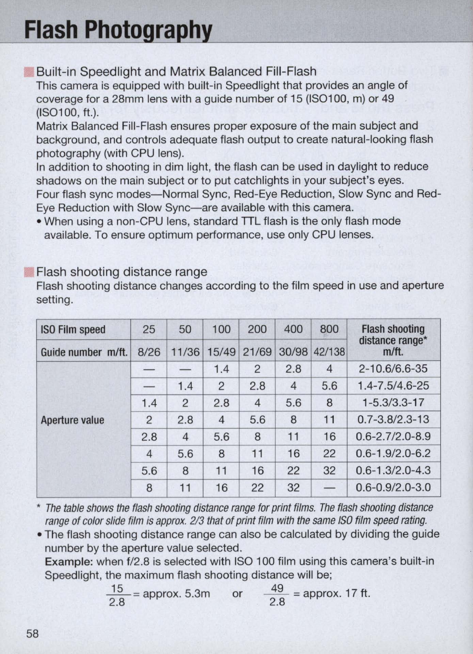 Flash photography, Flash shooting distance range, Flash photography -63 | Nikon Camera N60 User Manual | Page 58 / 82