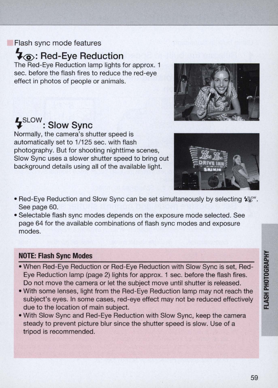 G>: red-eye reduction, Slow sync, Note: flash sync modes | Nikon Camera N60 User Manual | Page 59 / 82