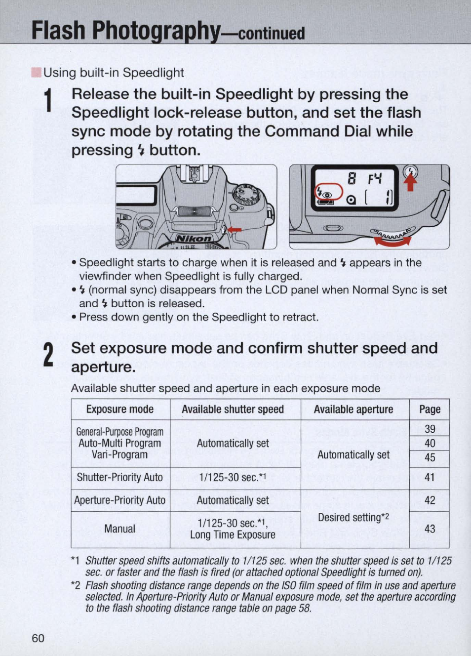 Using built-in speedlight, Using built-in speedlight -61, Flash photography-continued | Nikon Camera N60 User Manual | Page 60 / 82