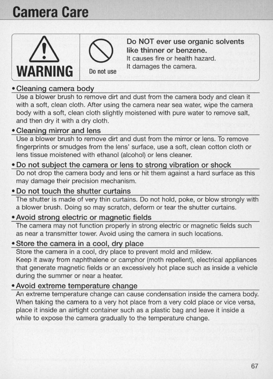 Camera care, Camera care -68, Warning | Nikon Camera N60 User Manual | Page 67 / 82