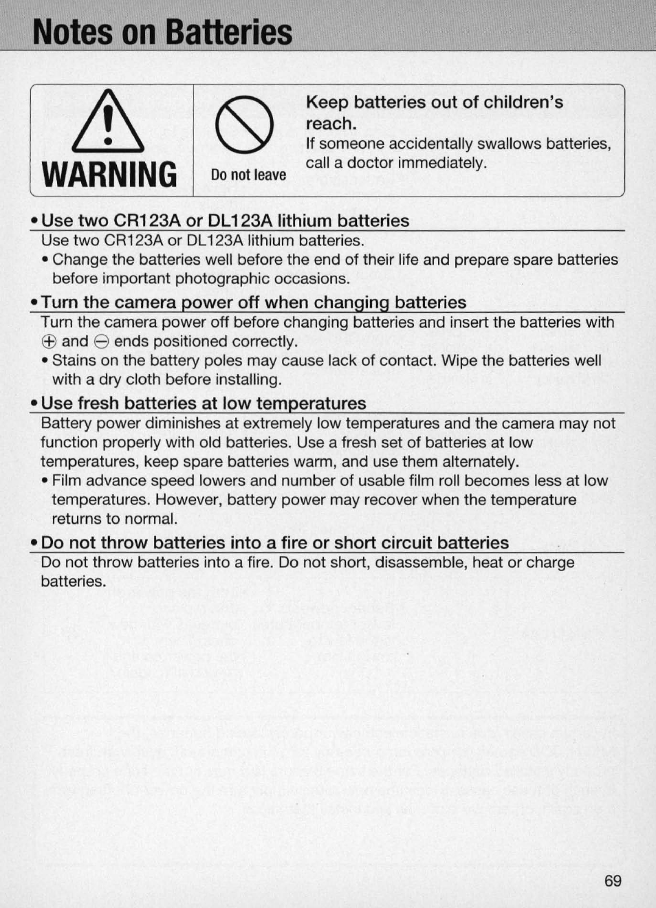 Notes on batteries, Warning | Nikon Camera N60 User Manual | Page 69 / 82